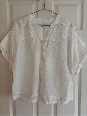Chico's White Embroidered Button-Front Linen Top